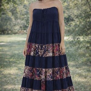 Elegant Strapless Navy and Floral Maxi Dress